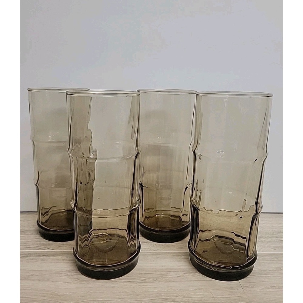 VTG LIBBEY Bamboo Bash Smokey Brown tumbler cocktail glasses set of four barware